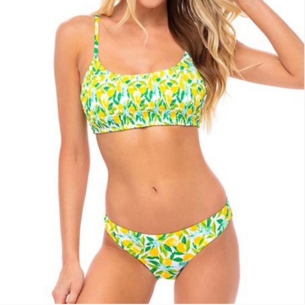 Cabana Del Sol Limes Print Smocked 2pc Swimwear Bikini Set Yellow Green Sz Small